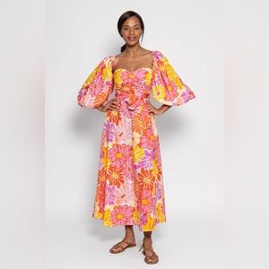 Sundress Emilia Long Floral Bustier dress Puff Sleeve Cotton NO BELT Size XS
